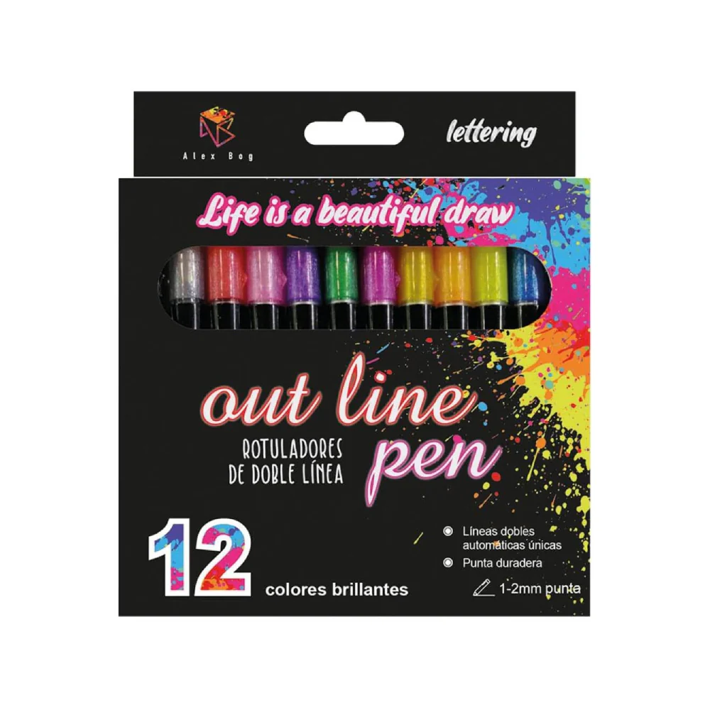 Set 12 Rotuladores Glitter Outliner Bicolor Pastel Alex Bog