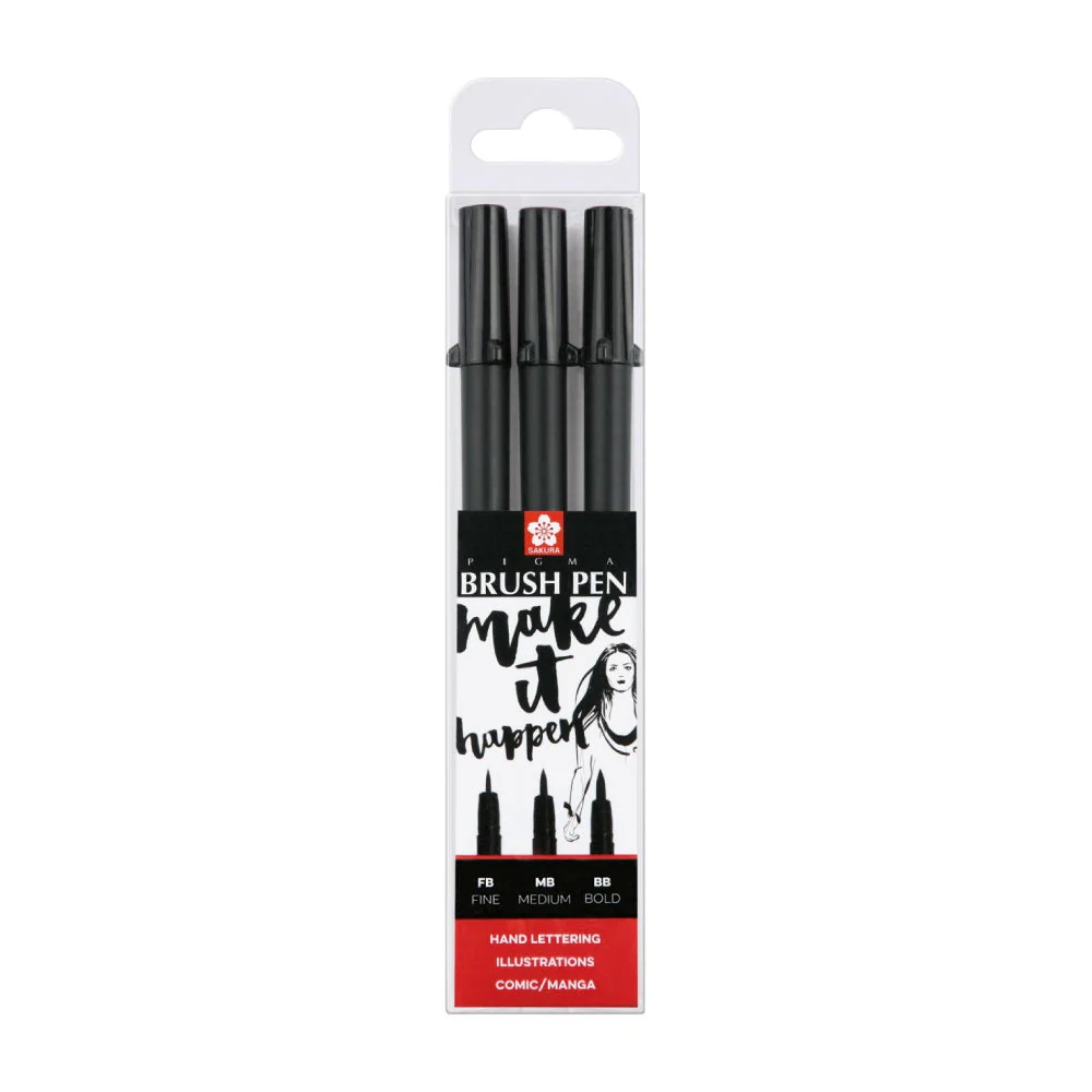 Set 3 Rotuladores Pigma Pincel Brush Negro Sakura