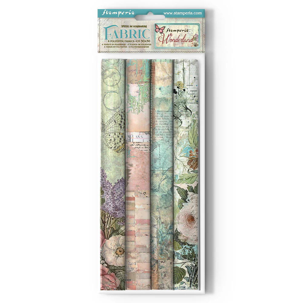Set 4 Hojas de Tela 30x30 Wonderland Stamperia