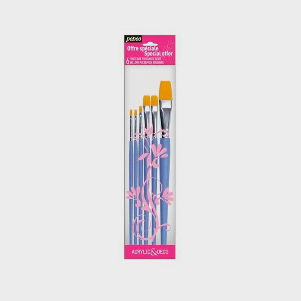 Set 6 Pinceles Planos Mango Corto Acrílico Pebeo